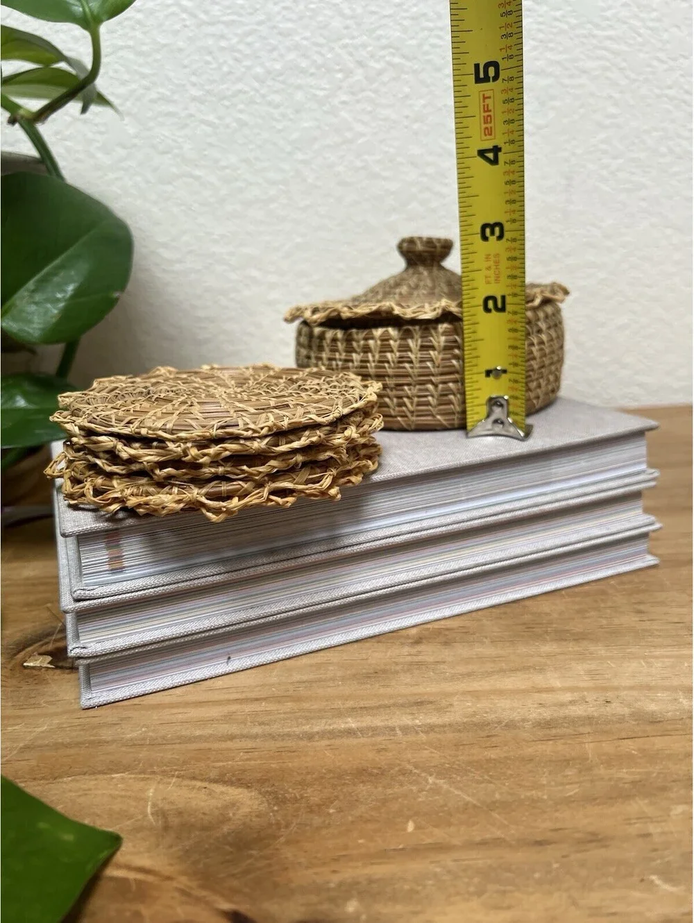 5 Vintage Woven Pine Needle Coasters and Basket with Lid Set Boho Southwest